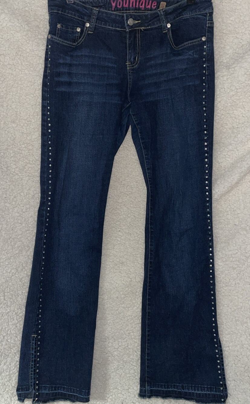 Younique Vintage Y2K Flared Low Rise Jeans Rhinestone Patches Womens Size 7